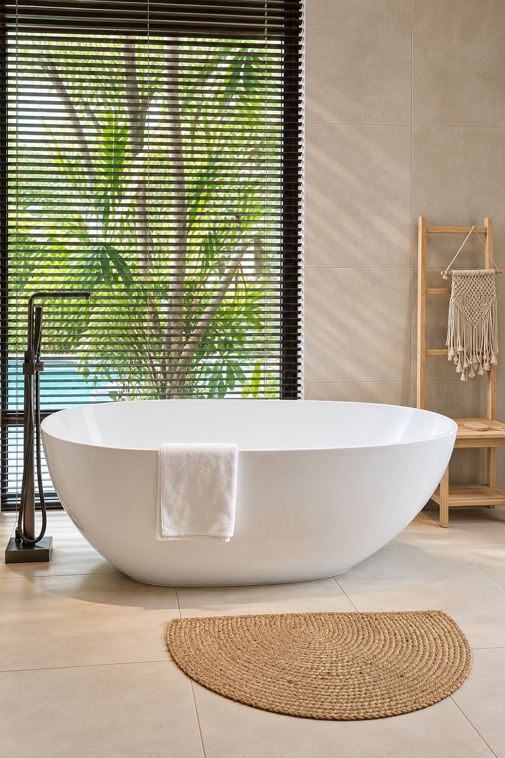 Freestanding bathtub beside a window overlooking tropical greenery