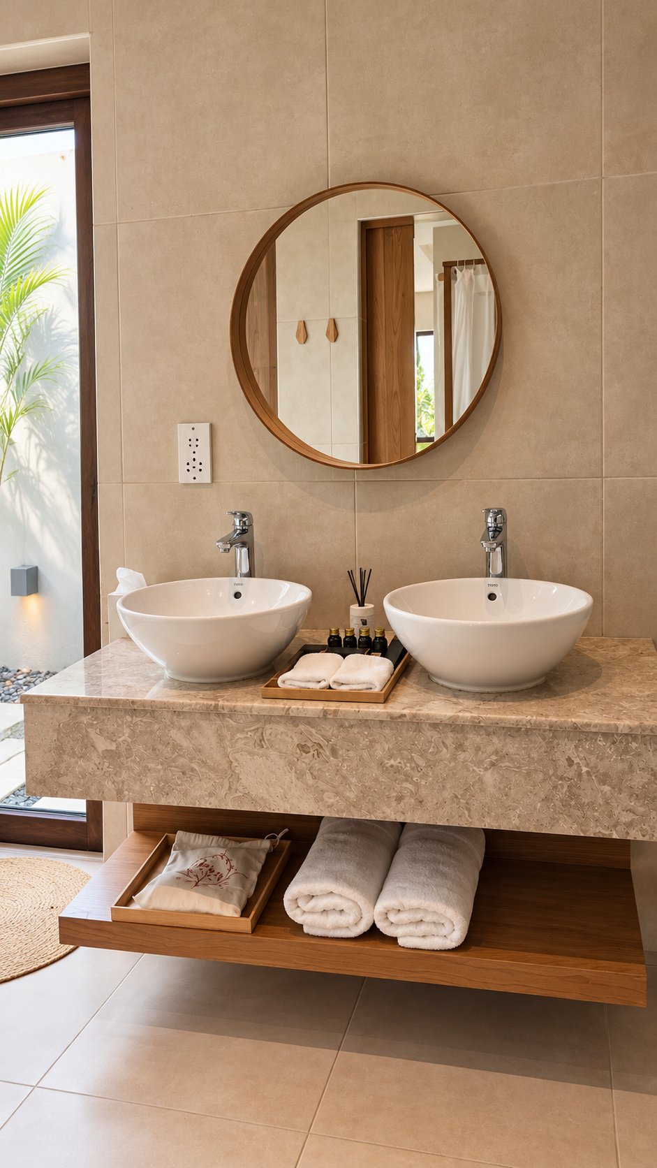 Twin bathroom basins beneath a round mirror