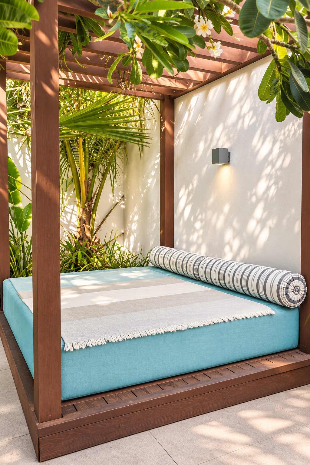 Turquoise daybed under the garden pergola