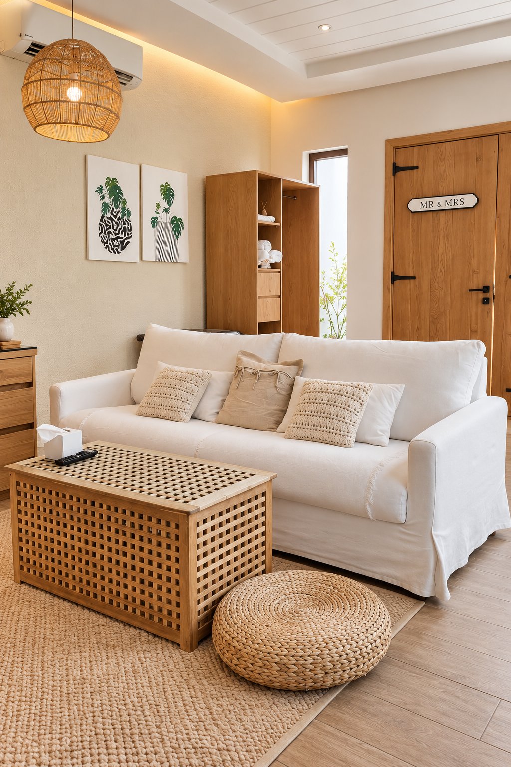 Bright living room with a white sofa and woven furnishings