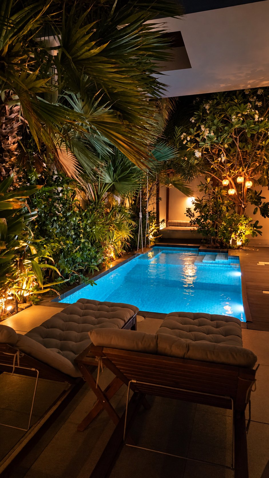 Private pool glowing blue under palms at night