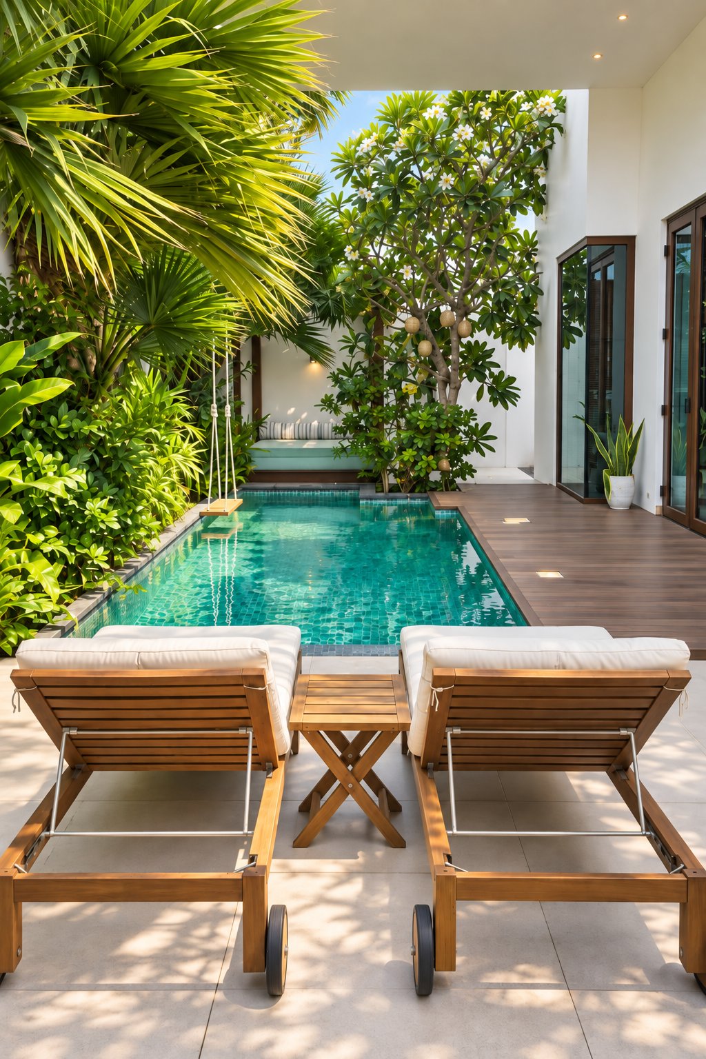 Private pool framed by palms and two sun loungers